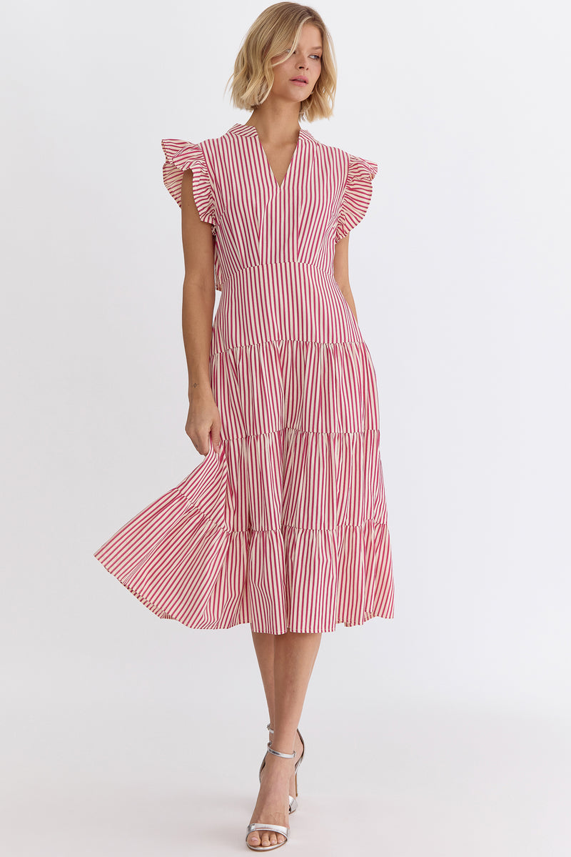 Entro Pink Seersucker Striped Vneck Dress with Open Back