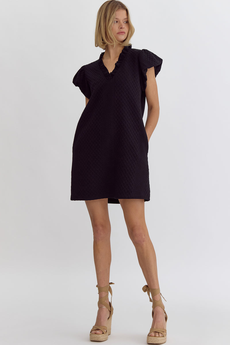 Entro Black Textured Bubble Sleeve Mini Dress