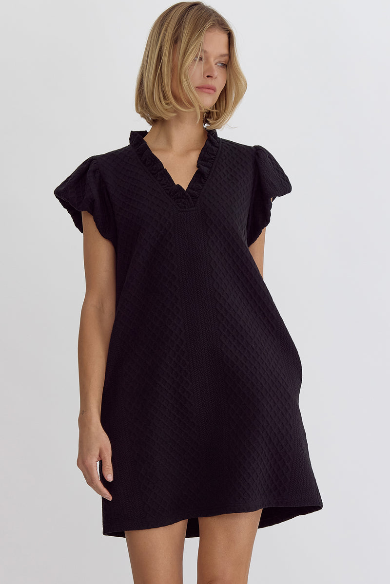 Entro Black Textured Bubble Sleeve Mini Dress