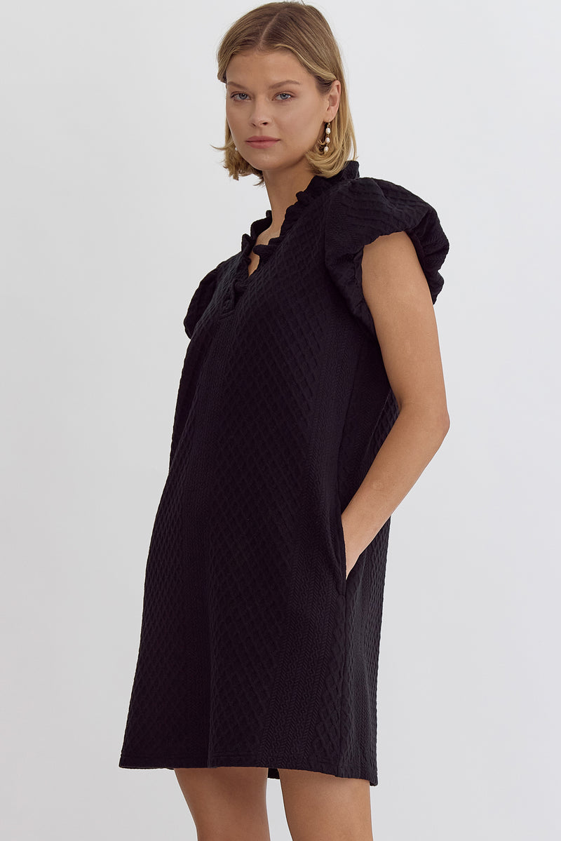 Entro Black Textured Bubble Sleeve Mini Dress