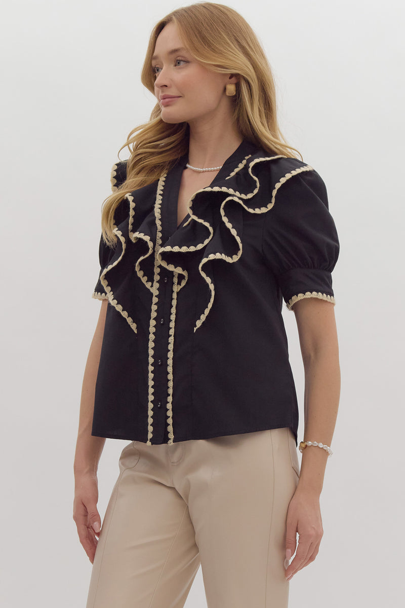 Entro Black and Ecru Ruffle Button Down Top