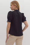 Entro Black and Ecru Ruffle Button Down Top