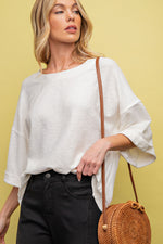 Easel White Slouchy Three Quarter Sleeve Top with Crossed Back