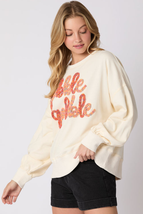 Peach Love Cream Oversized Pompom Thread Gobble Embroidery Sweatshirt