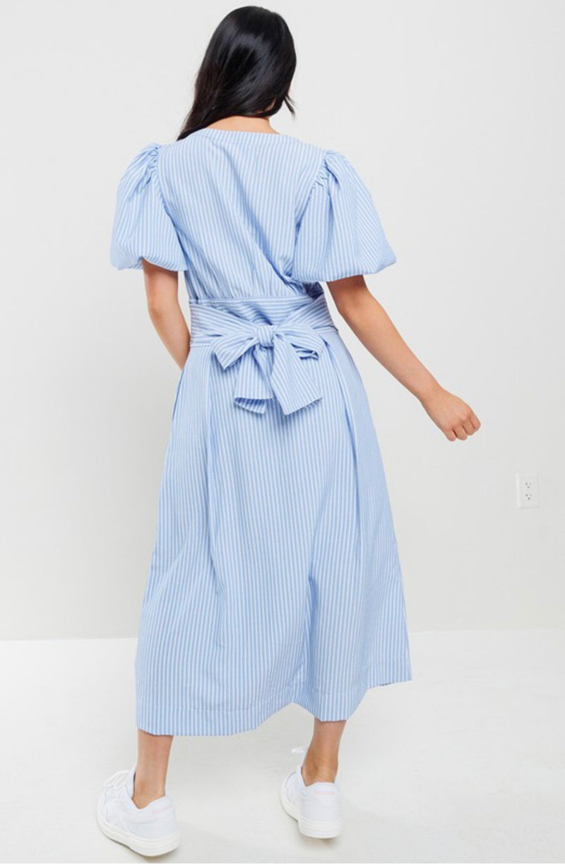 Blue and White Striped Balloon Sleeve Dress