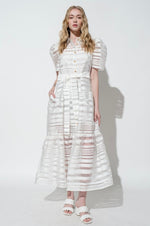 White Striped Organza Puff Sleeve Long Dress