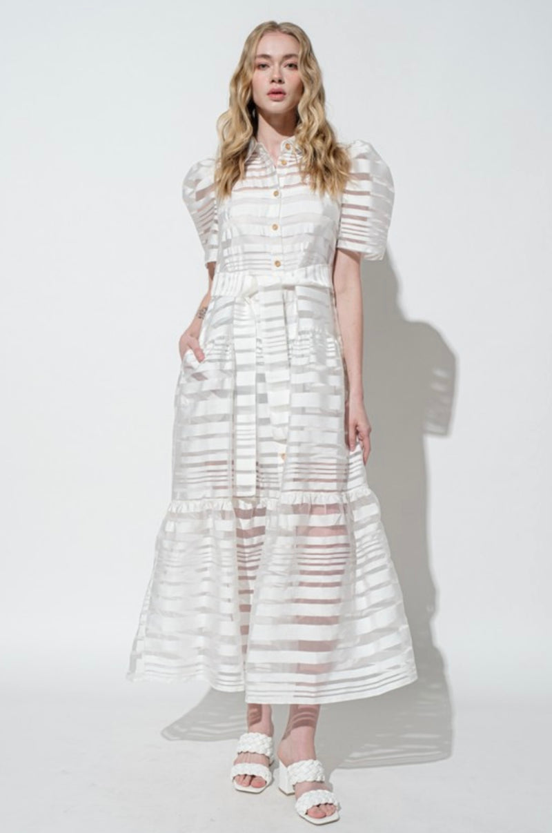 White Striped Organza Puff Sleeve Long Dress