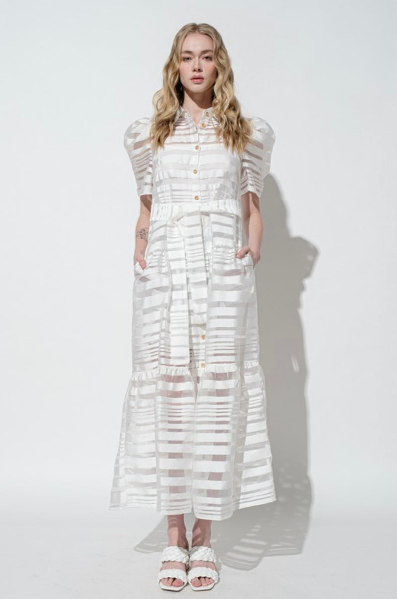 White Striped Organza Puff Sleeve Long Dress