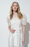 White Striped Organza Puff Sleeve Long Dress