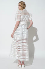 White Striped Organza Puff Sleeve Long Dress