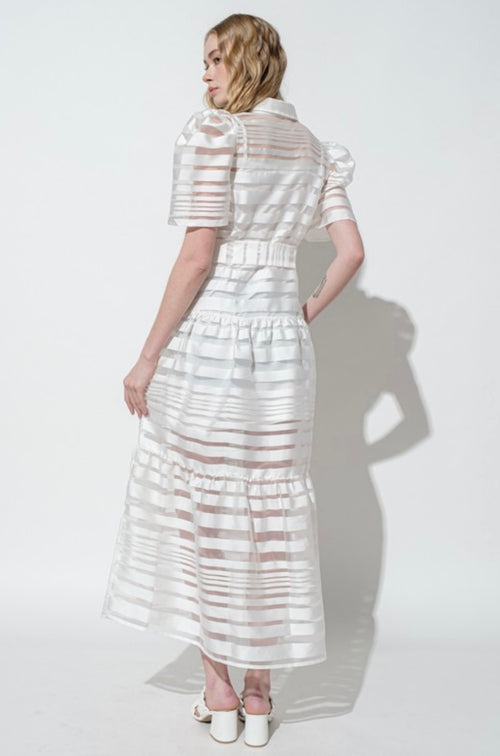 White Striped Organza Puff Sleeve Long Dress