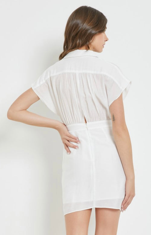 White Front Twist Overlay Shirt Dress