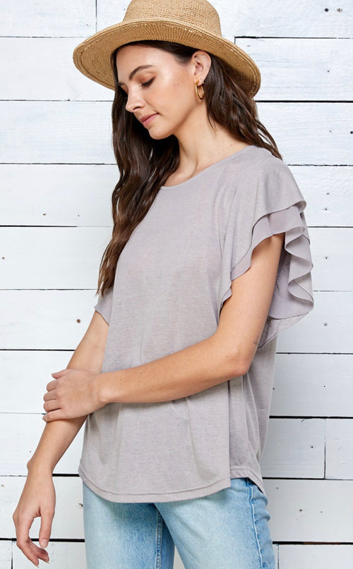 Mocha Grey Double Ruffle Short Sleeve Top