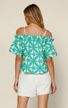 Green and White Embroidered Off Shoulder Top