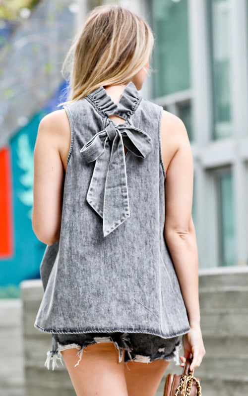 Mazik Denim Grey Ruffle Neck Tie Back Halter Top