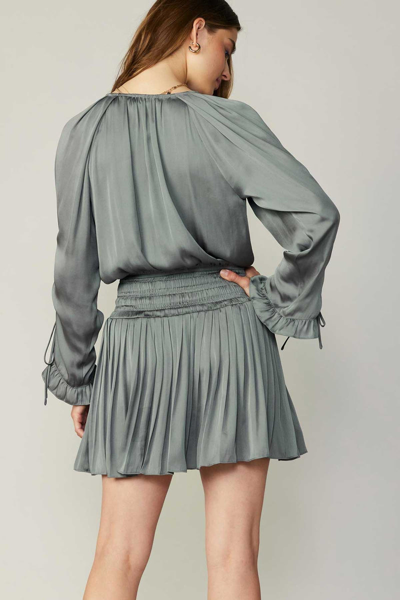 Current Air Moss Grey Cinch Shirred Drawstring Sleeve Mini Dress