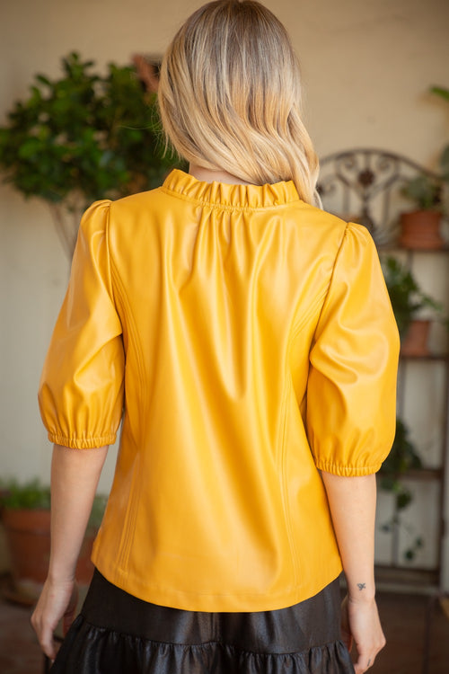 Voy Mustard Faux Leather Vneck Puff Sleeve Top