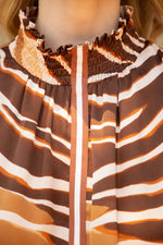 Voy Brown Striped Tape Detailed Leopard Satin Top