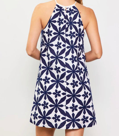 Skies Are Blue Navy and White Embroidered Halter Neck Dress