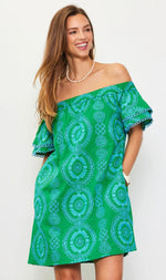 Skies Are Blue Green and Blue Off Shoulder Eyelet Dress