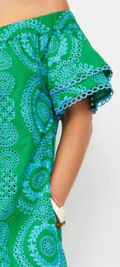 Skies Are Blue Green and Blue Off Shoulder Eyelet Dress