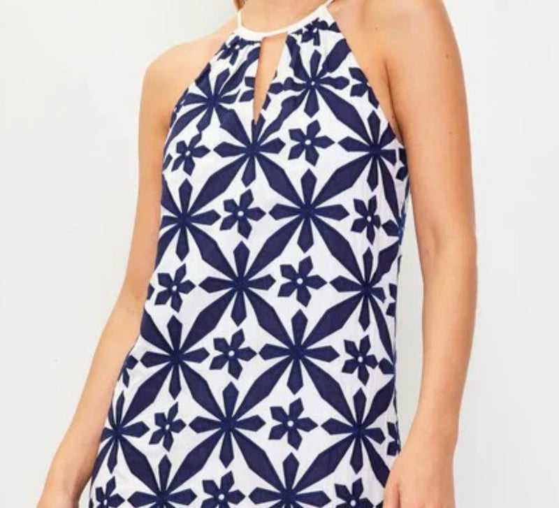 Skies Are Blue Navy and White Embroidered Halter Neck Dress