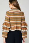 Current Air Mustard Stripe Pattern Mock Neck Ruffled Sweater