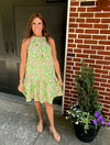 Current Air Green and Orange Print Halter Neck Dress