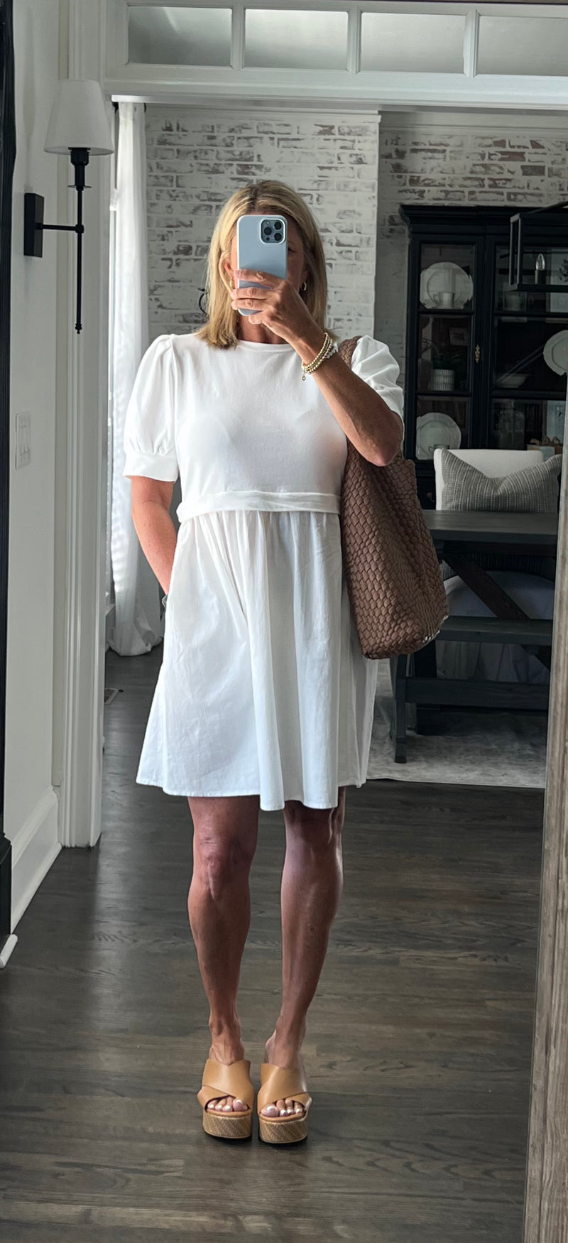 White Washed Cotton Dress with Puff Sleeves