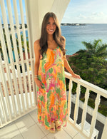 Skies Are Blue Tropical Pink Guava  Printed Pleated Maxi Dress