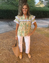 Entro Green Peach Printed Ruffle Top