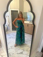 Olivaceous Green and Blue Long Floral Dress