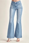 Risen High Rise Medium Denim Front Pocket Flare Jeans