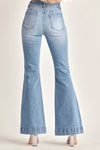 Risen High Rise Medium Denim Front Pocket Flare Jeans