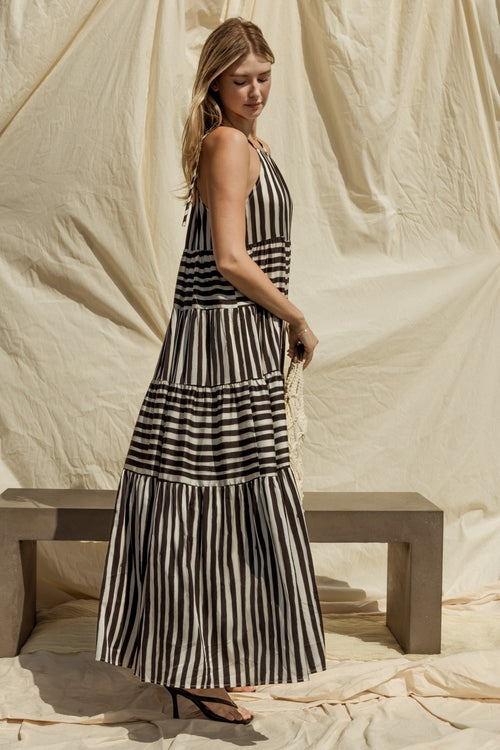 Gilli Black and White Stripe Halter Neck Maxi Dress