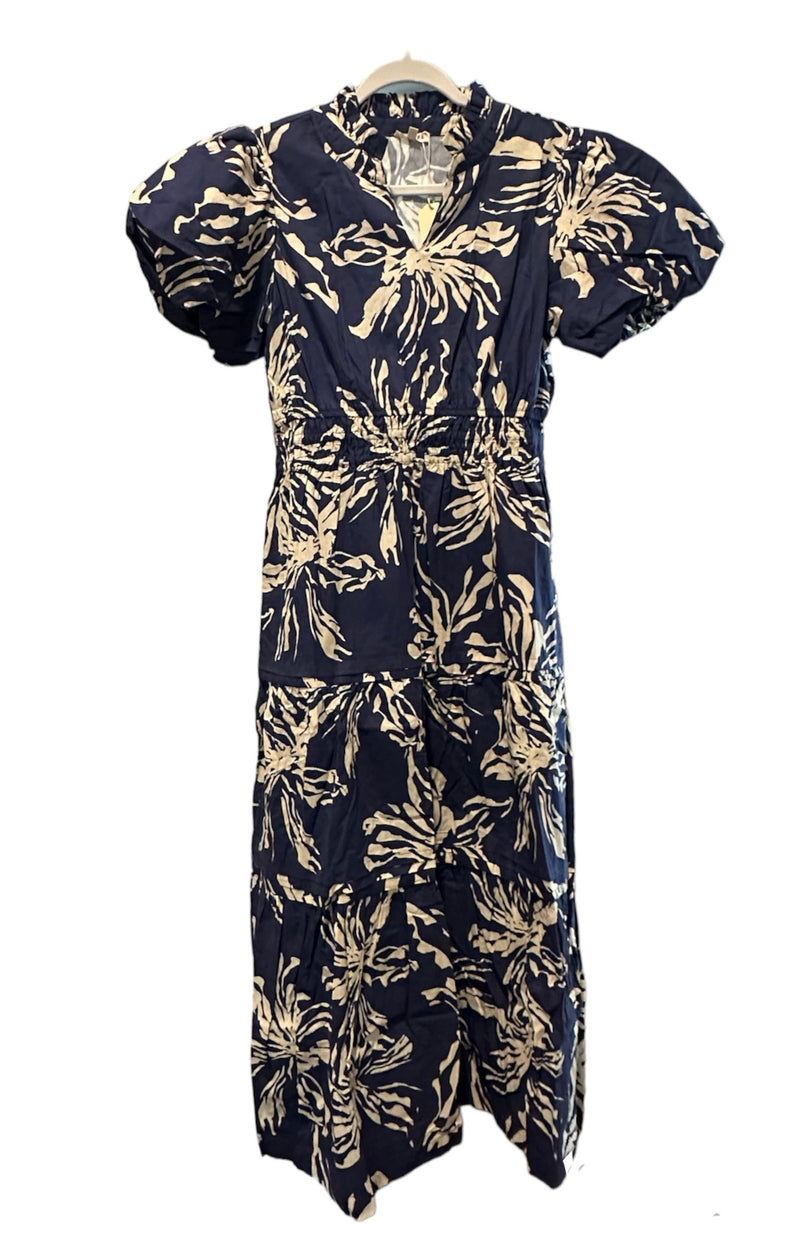 Jodifl Navy Print Puff Sleeve Tiered Maxi Dress