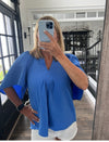 Glam Blue Textured Oversized Flutter Sleeve Top