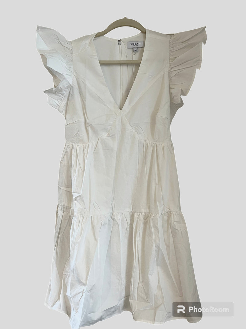Gilli White Vneck Ruffle Sleeve Dress