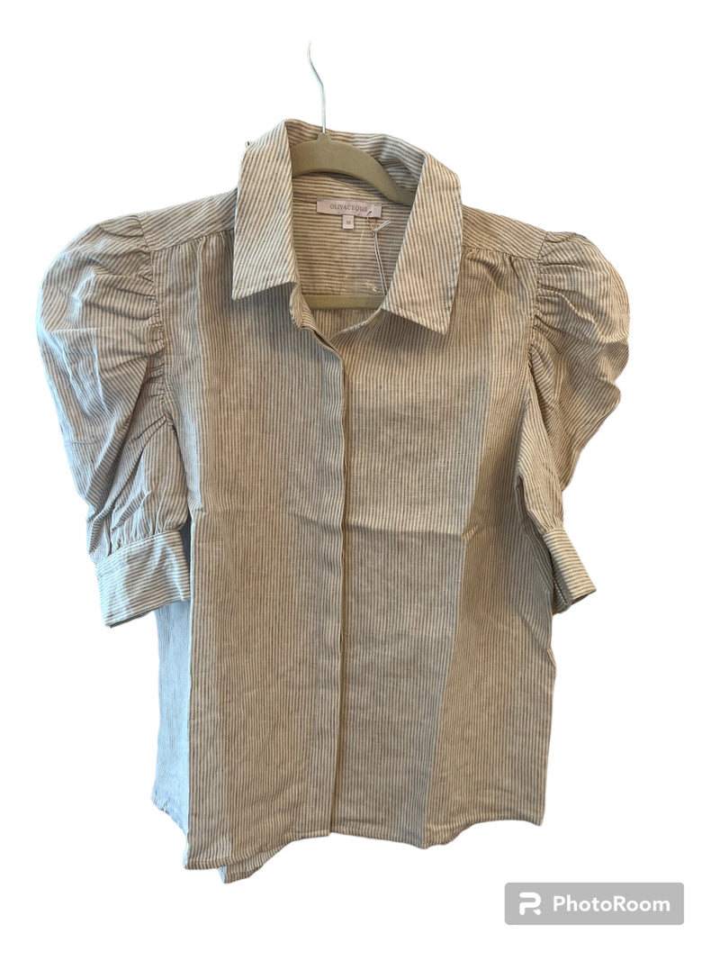 Olivaceous Khaki and White Striped Half Sleeve Top