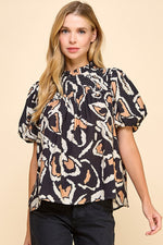 TCEC Black Abstract Print Smocked Detail Top