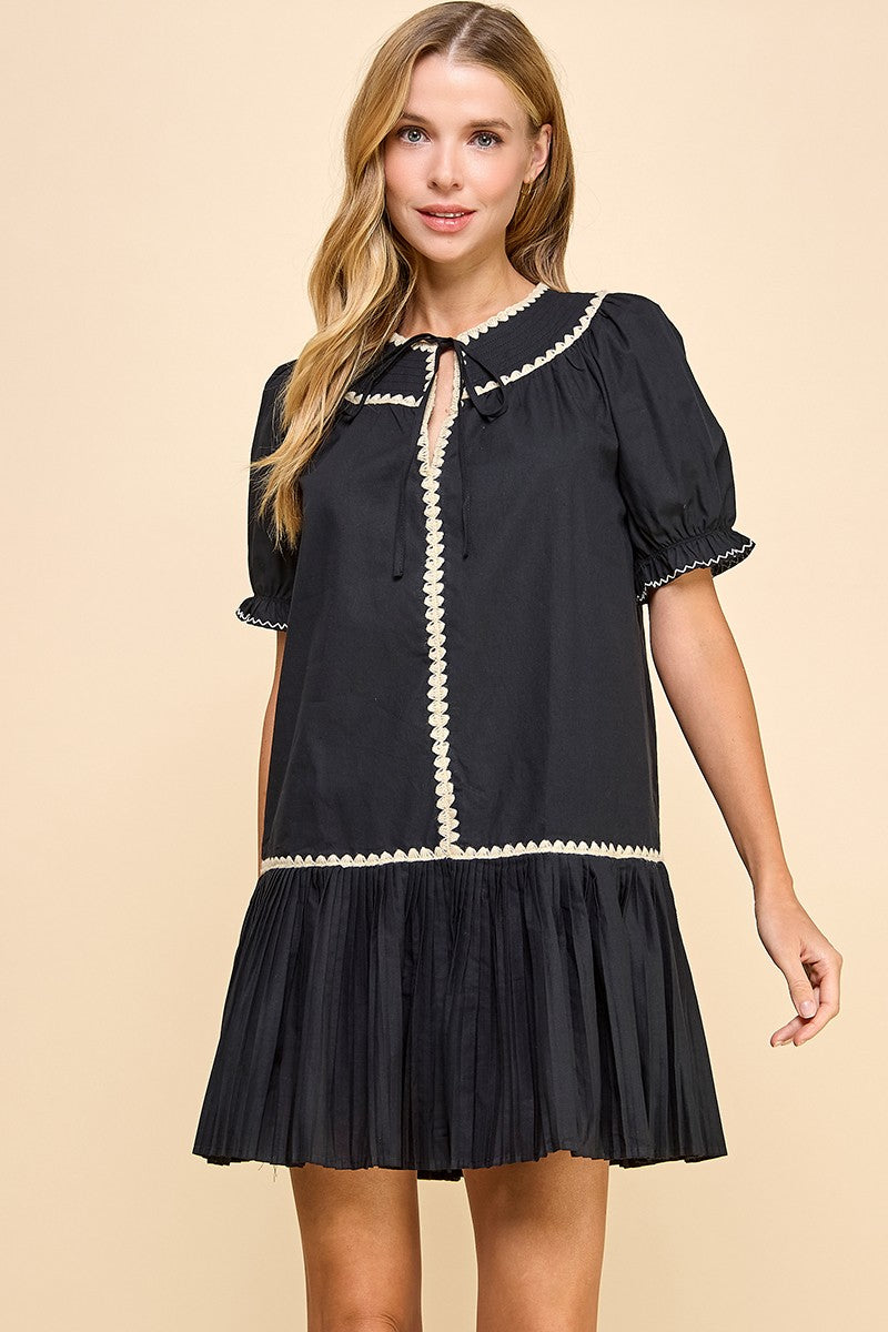 TCEC Black Puff Sleeve Dress with Embroidered Trim