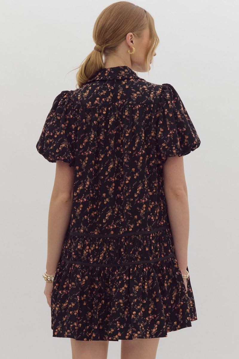 Entro Black Floral Print Puff Sleeve Dress