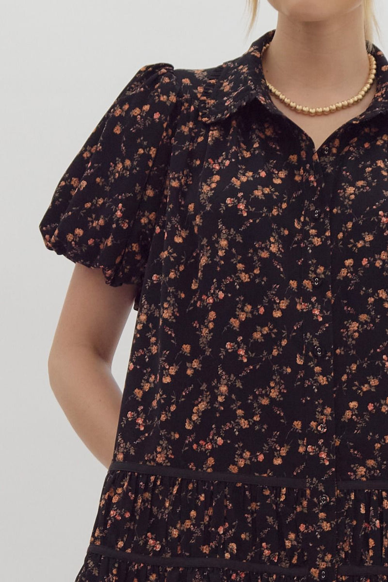 Entro Black Floral Print Puff Sleeve Dress