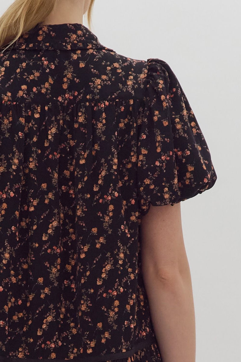 Entro Black Floral Print Puff Sleeve Dress