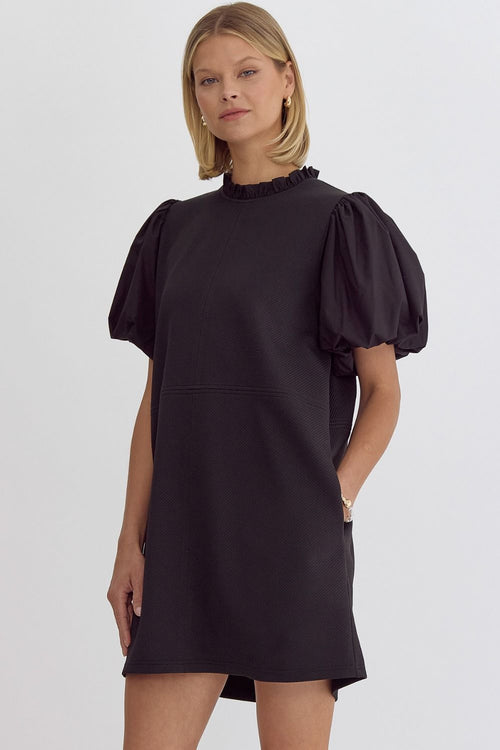 Entro Black Textured Puff Sleeve Mini Dress