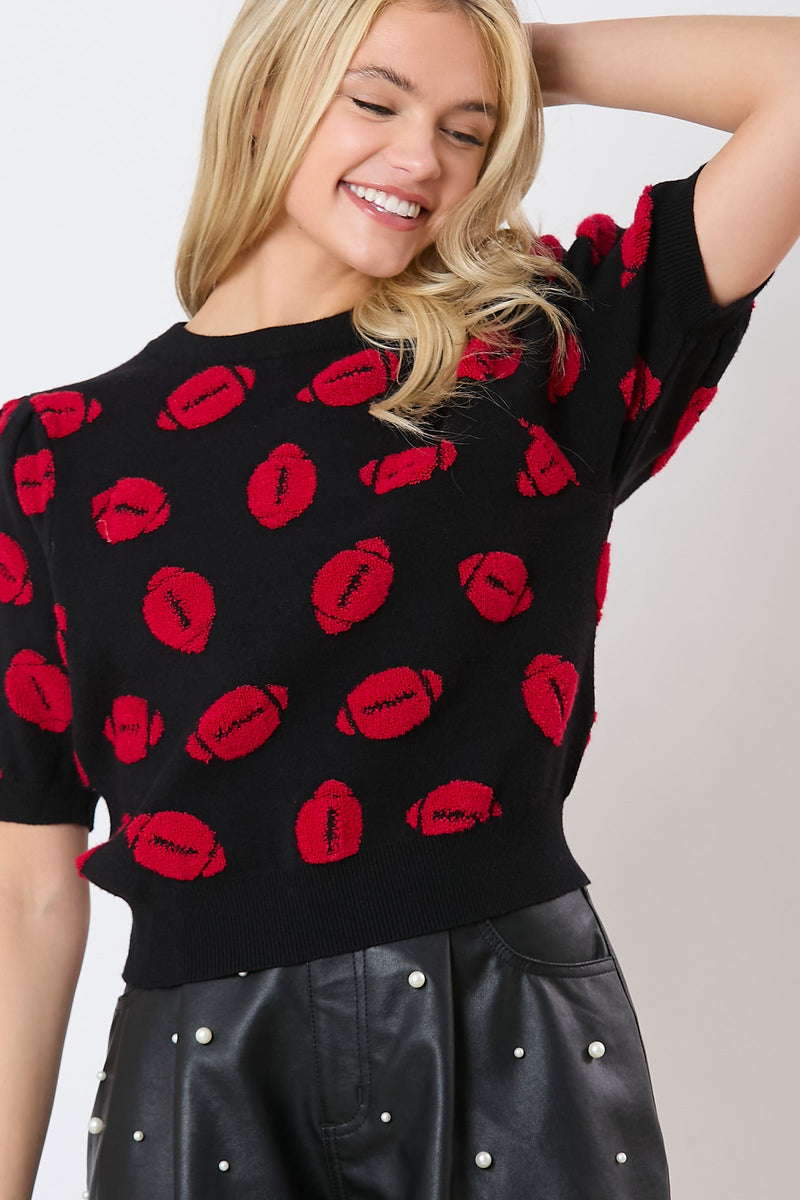 Peach Love California Black and Red Football Embroidery Sweater