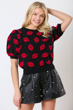 Peach Love California Black and Red Football Embroidery Sweater