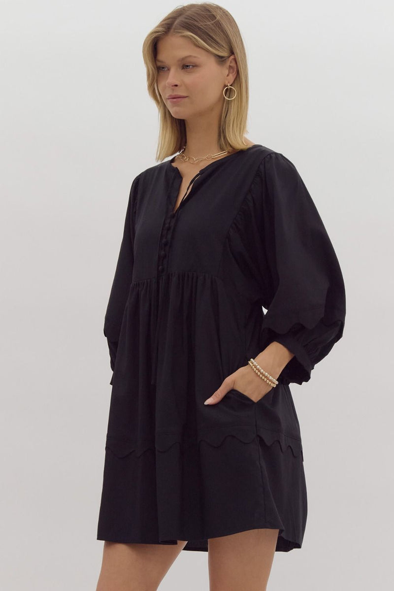 Entro Black Scalloped 3/4 Sleeve Dress