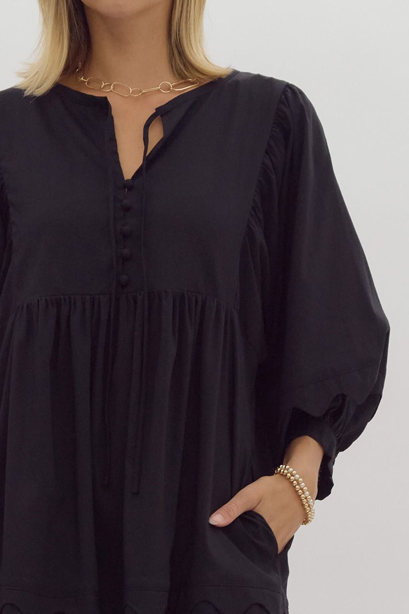 Entro Black Scalloped 3/4 Sleeve Dress