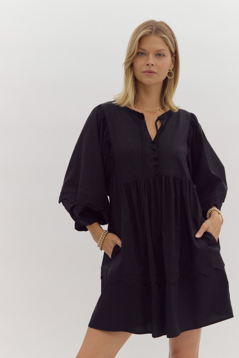 Entro Black Scalloped 3/4 Sleeve Dress